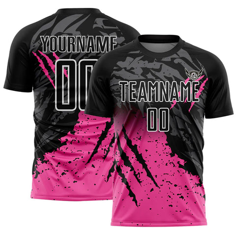 Maglia da calcio Herten Pro Sports personalizzata con stampa a sublimazione sfumata nera, rosa e bianca – Design Scratch Splash