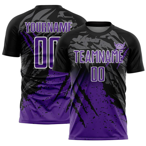 Herten Pro Sports Maßgefertigtes Fußballtrikot – Schwarz mit Lila-Weiß Gradient Scratch-Splash Sublimation