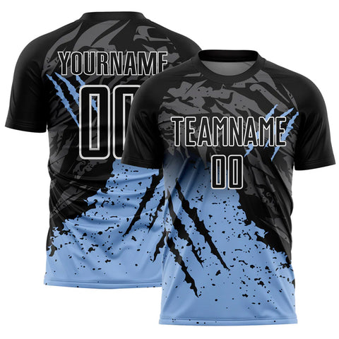 Herten Pro Sports Maßgefertigtes Fußballtrikot – Schwarz mit Hellblau-Weiß Gradient Scratch-Splash Sublimation